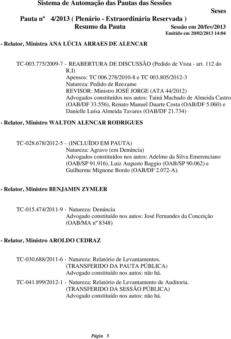 556), Renato Manuel Duarte Costa (OAB/DF 5.060) e Danielle Luísa Almeida Tavares (OAB/DF 21.734) - Relator, Ministro WALTON ALENCAR RODRIGUES TC-028.