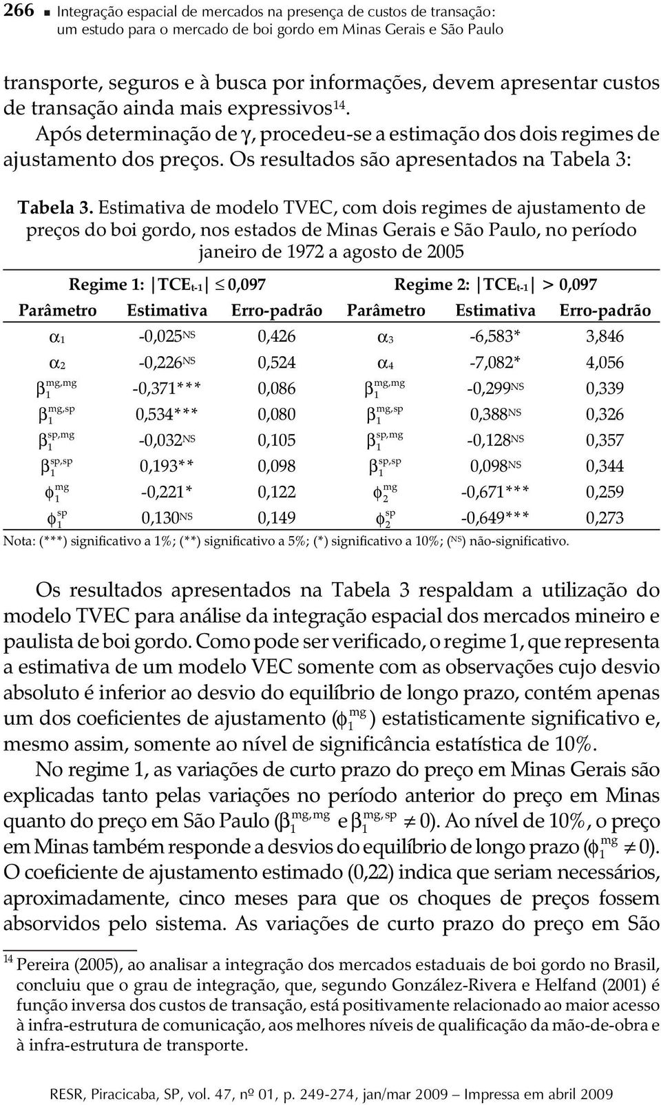 Estmatva de modelo TVEC, com dos regmes de ajustamento de preços do bo gordo, nos estados de Mnas Geras e São Paulo, no período janero de 1972 a agosto de 2005 Regme 1: TCEt-1 0,097 Regme 2: TCEt-1 >