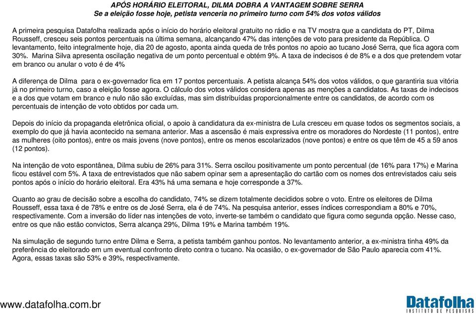 República. O levantamento, feito integralmente hoje, dia 20 de agosto, aponta ainda queda de três pontos no apoio ao tucano José Serra, que fica agora com 30%.