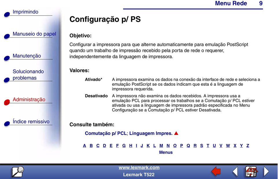 Ativado* Desativado A impressora examina os dados na conexão da interface de rede e seleciona a emulação PostScript se os dados indicam que esta é a linguagem de impressora