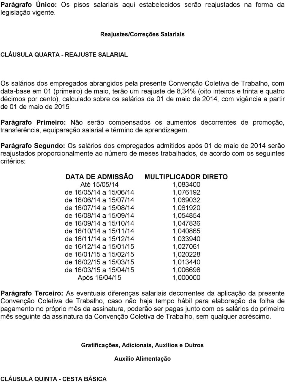 reajuste de 8,34% (oito inteiros e trinta e quatro décimos por cento), calculado sobre os salários de 01 de maio de 2014, com vigência a partir de 01 de maio de 2015.