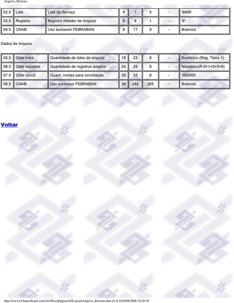 Tipos 1) 06.5 Qtde registros Quantidade de registros arquivo 24 29 6 - Numérico(R.0+1+3+5+9) 07.5 Qtde concil. Quant. contas para conciliação 30 35 6 - '000000' 08.