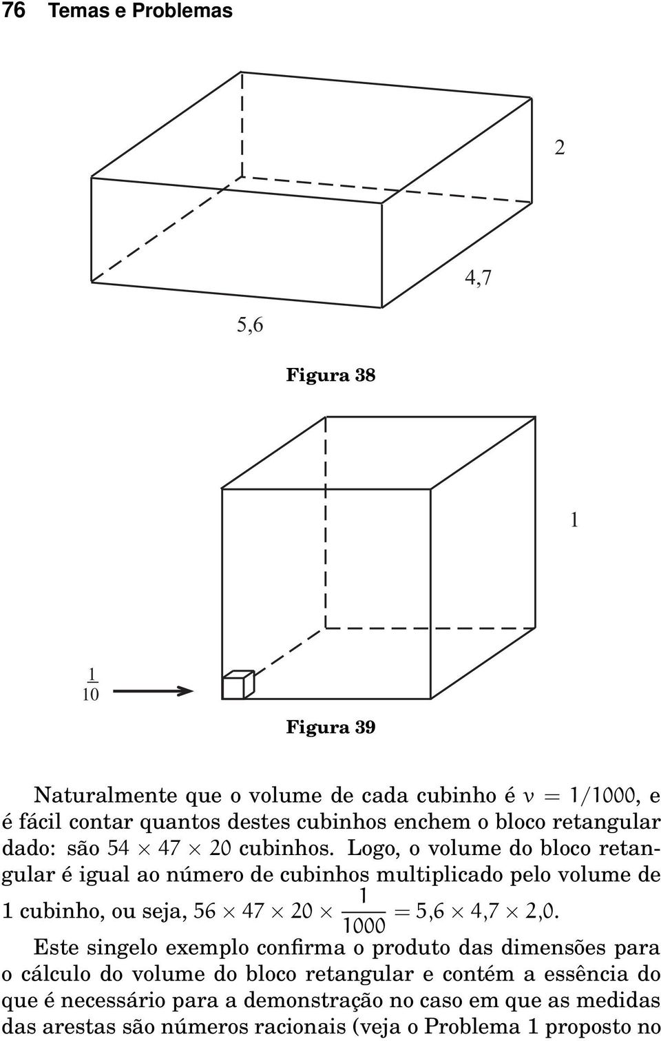 Logo, o volume do bloco retangular é igual ao número de cubinhos multiplicado pelo volume de 1 cubinho, ou seja, 56 47 20 1 = 5,6 4,7 2,0.