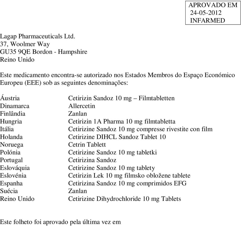 Cetirizin Sandoz 10 mg Filmtabletten Dinamarca Allercetin Finlândia Zanlan Hungria Cetirizin 1A Pharma 10 mg filmtabletta Itália Cetirizine Sandoz 10 mg compresse rivestite con film Holanda