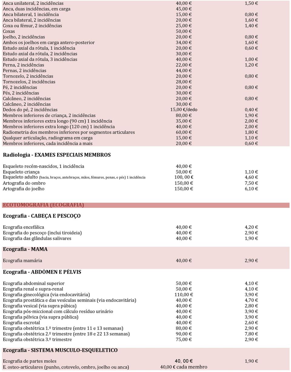 Estudo axial da rótula, 3 incidências 40,00 1,00 Perna, 2 incidências 22,00 1,20 Pernas, 2 incidências 44,00 Tornozelo, 2 incidências 20,00 0,80 Tornozelos, 2 incidências 28,00 Pé, 2 incidências