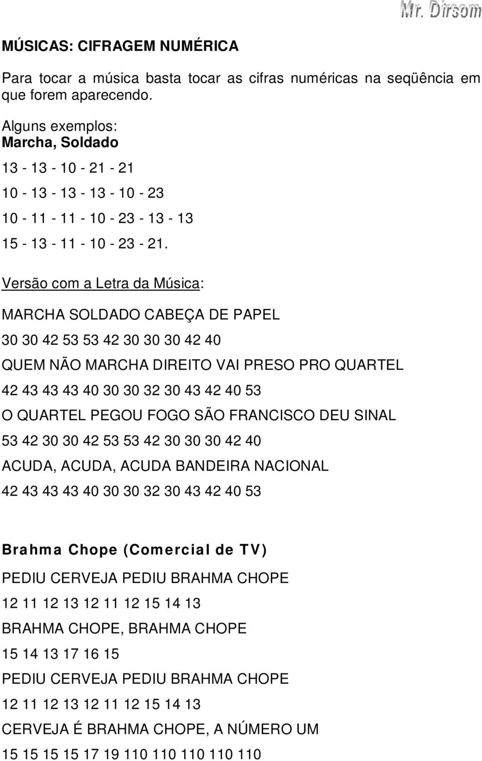 Versão com a Letra da Música: MARCHA SOLDADO CABEÇA DE PAPEL 30 30 42 53 53 42 30 30 30 42 40 QUEM NÃO MARCHA DIREITO VAI PRESO PRO QUARTEL 42 43 43 43 40 30 30 32 30 43 42 40 53 O QUARTEL PEGOU FOGO