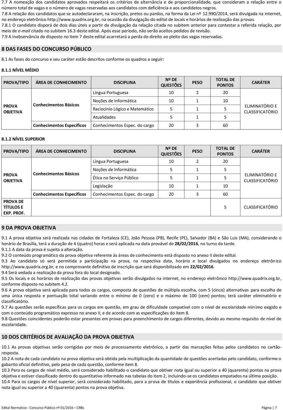 990/2014, será divulgada na internet, no endereço eletrônico http://www.quadrix.org.br, na ocasião da divulgação do edital de locais e horários de realização das provas. 7.8.