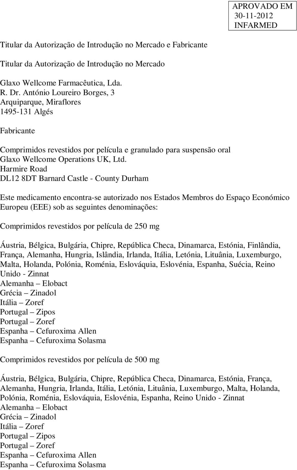 Harmire Road DL12 8DT Barnard Castle - County Durham Este medicamento encontra-se autorizado nos Estados Membros do Espaço Económico Europeu (EEE) sob as seguintes denominações: Comprimidos