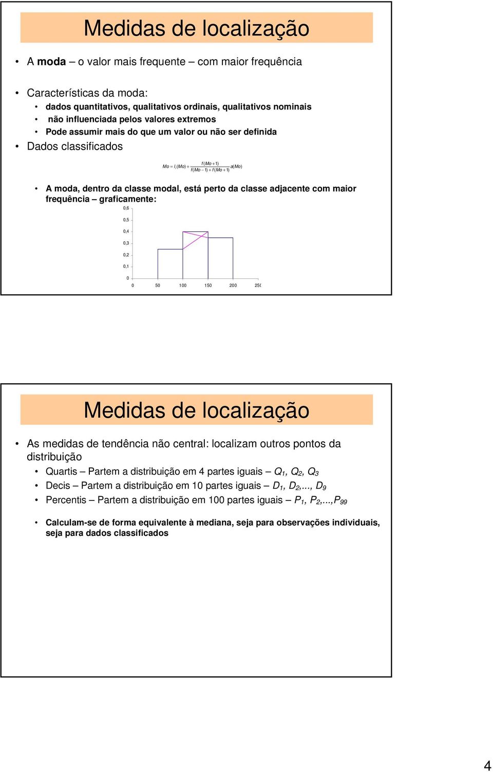 graficaete: 0,6 0,5 0,4 0,3 0, 0, 0 0 50 00 50 00 50 As edidas de tedêcia ão cetral: localiza outros potos da Quartis Parte a e 4 partes iguais Q, Q, Q 3 Decis Parte a e 0