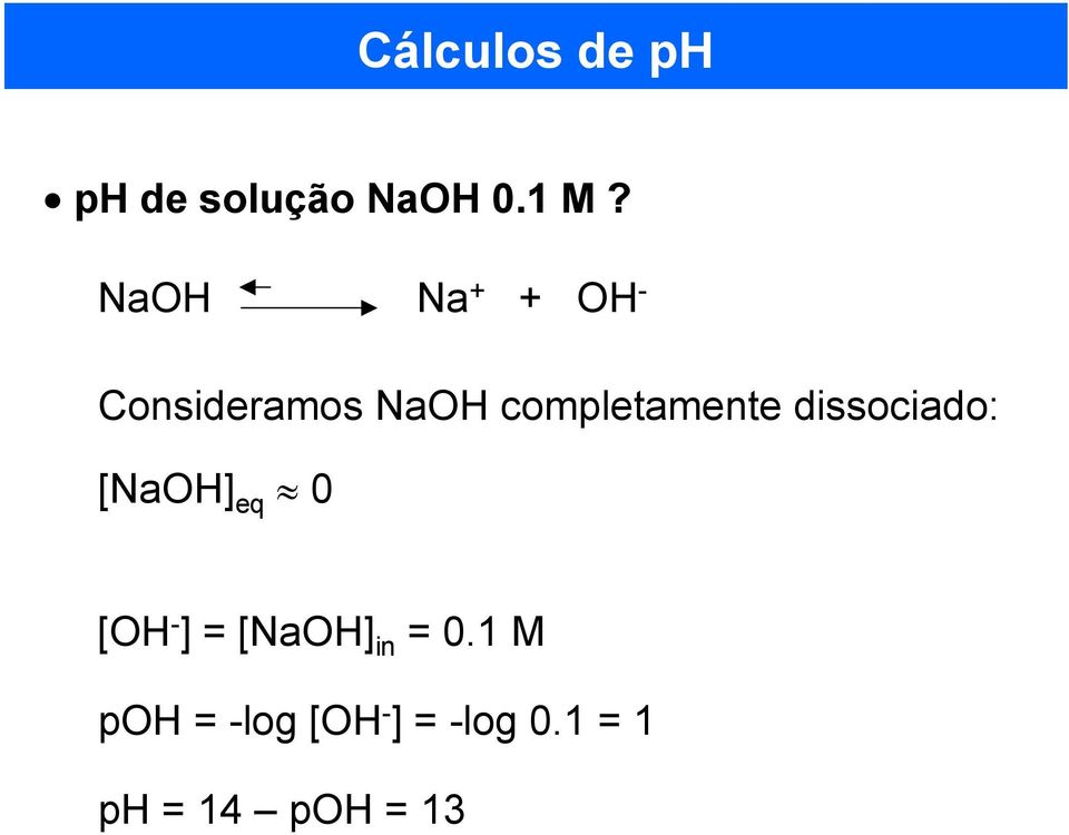 dissociado: [NaOH eq 0 [OH - = [NaOH in = 0.