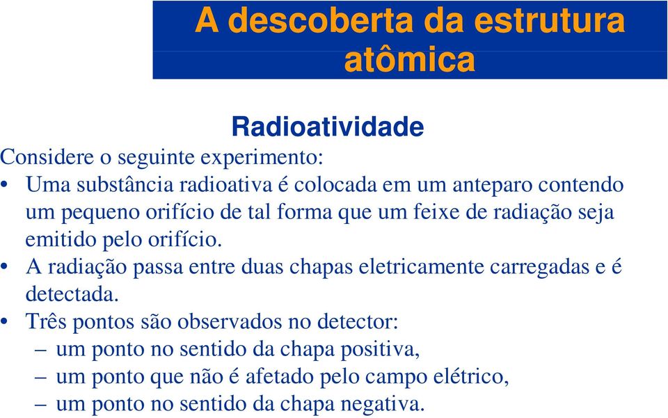 A radiação passa entre duas chapas eletricamente carregadas e é detectada.