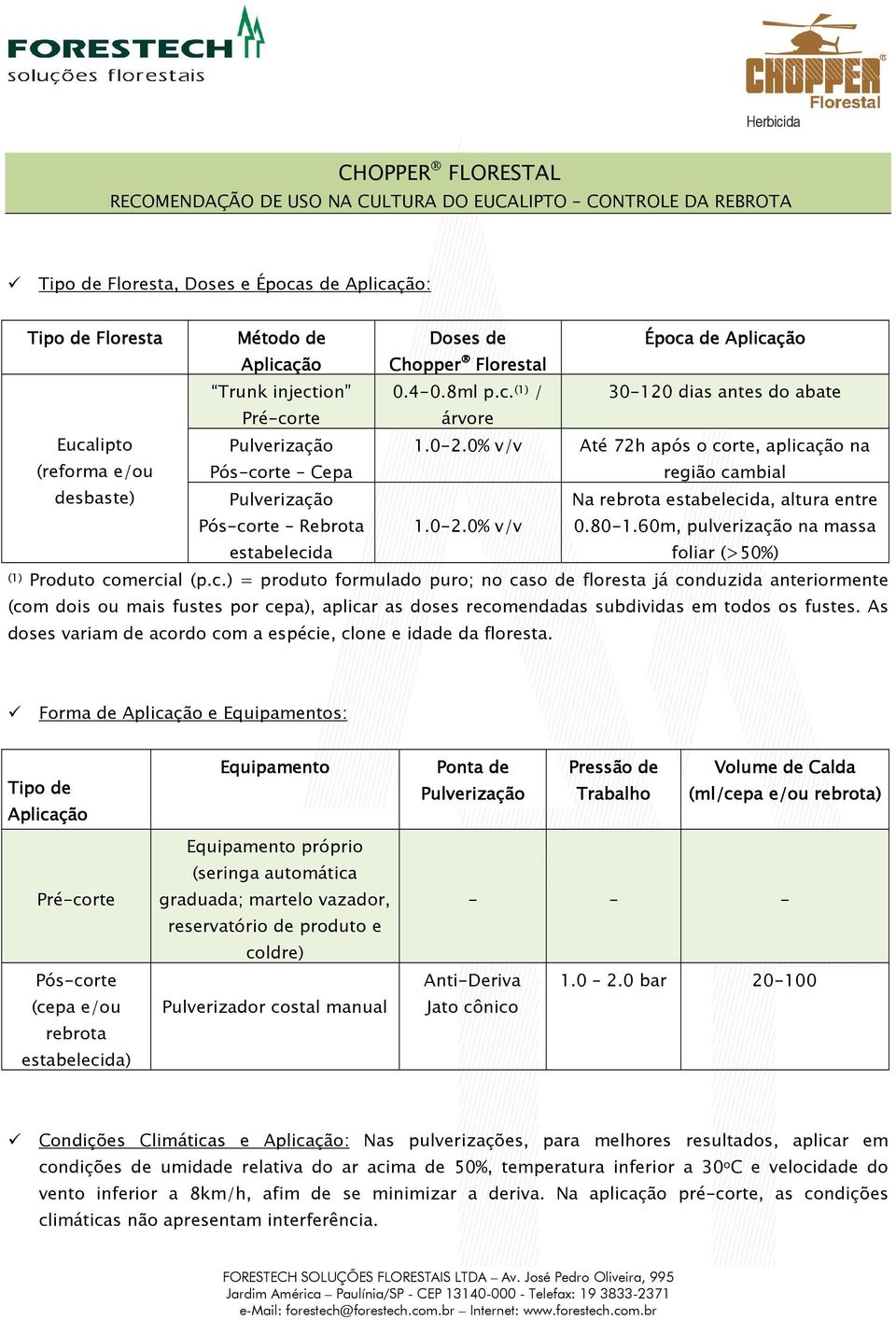 0% v/v Até 72h após o corte, aplicação na região cambial desbaste) Pós-corte Rebrota estabelecida 1.0-2.0% v/v Na rebrota estabelecida, altura entre 0.80-1.