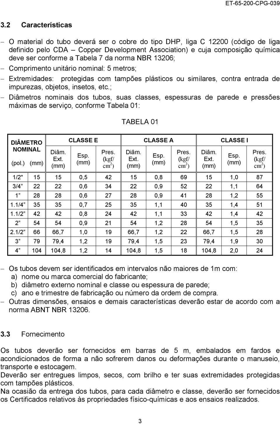 ; Diâmetros nominais dos tubos, suas classes, espessuras de parede e pressões máximas de serviço, conforme Tabela 01: TABELA 01 DIÂMETRO NOMINAL (pol.