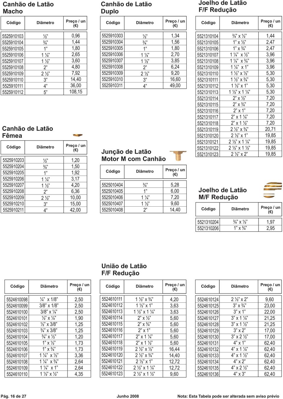 x x x x x x Joelho de Latão M/F Redução,,,,,,,,,,,,,,,,,,,, x x,, União de Latão F/F Redução 0 0 0 x / / x / / x x x