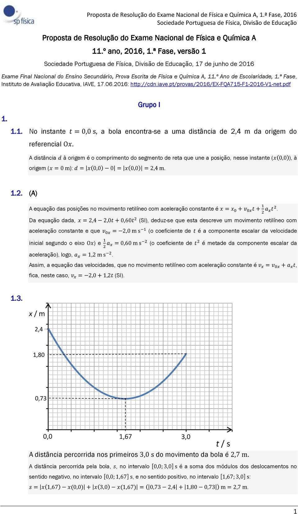 2016: http://cdn.iave.pt/provas/2016/ex-fqa715-f1-2016-v1-net.pdf Grupo I 1. 1.1. No instante t = 0,0 s, a bola encontra-se a uma distância de 2,4 m da origem do referencial Ox.