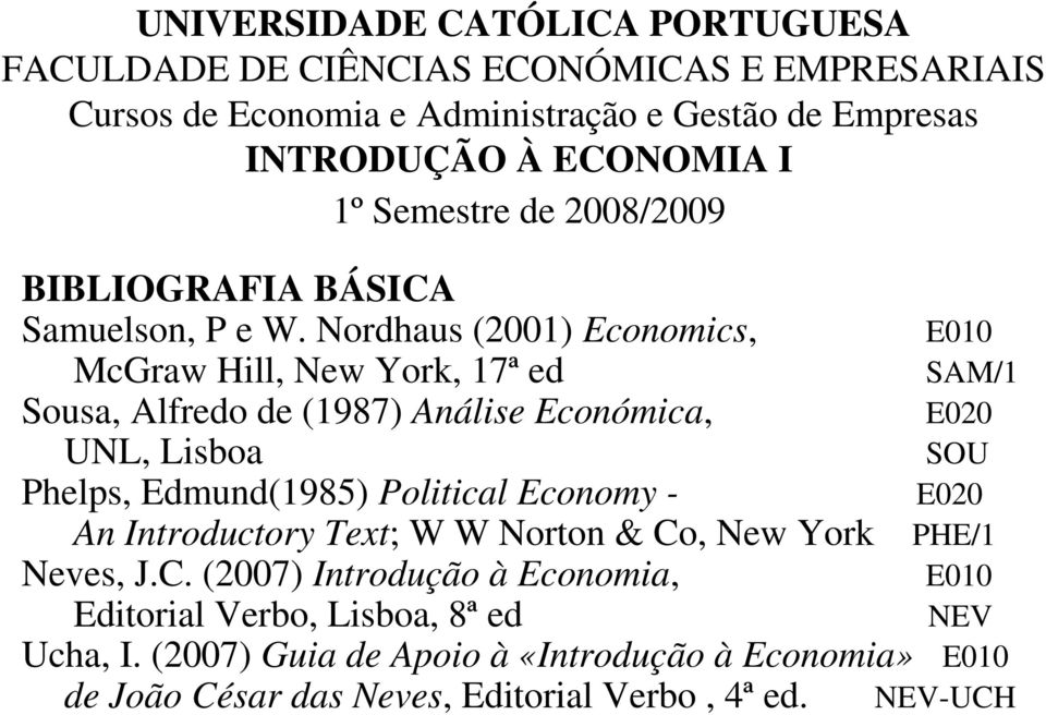 Nordhaus (2001) Economics, E010 McGraw Hill, New York, 17ª ed SAM/1 Sousa, Alfredo de (1987) Análise Económica, E020 UNL, Lisboa SOU Phelps, Edmund(1985) Political