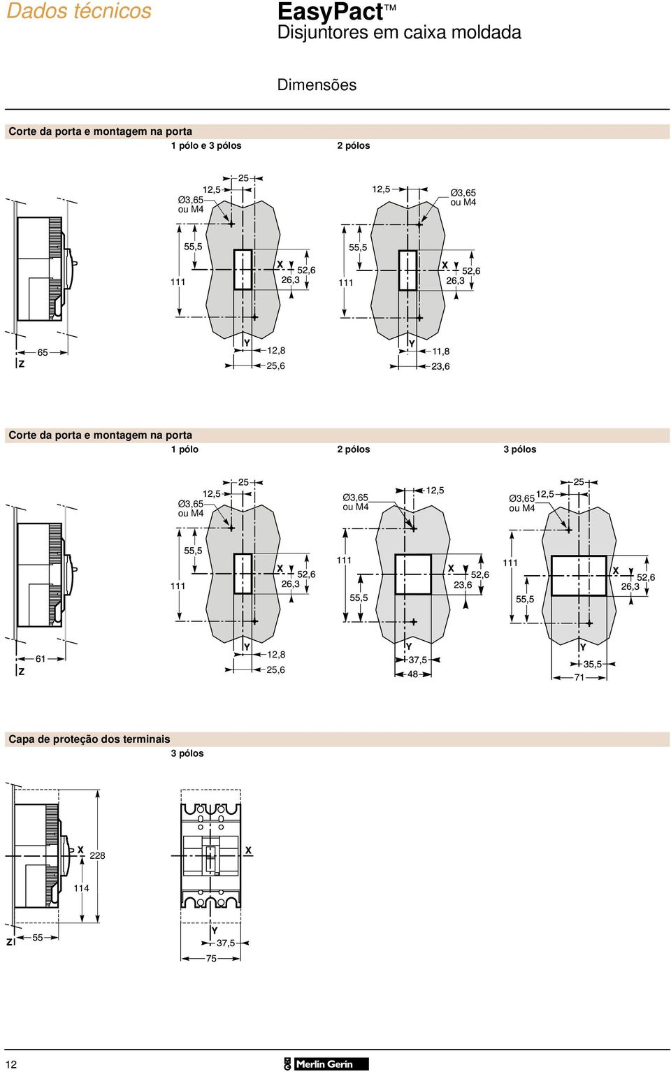 e montagem na porta 1 pólo 2 pólos 3 pólos Ø3,65 ou M4 Ø3,65 ou M4