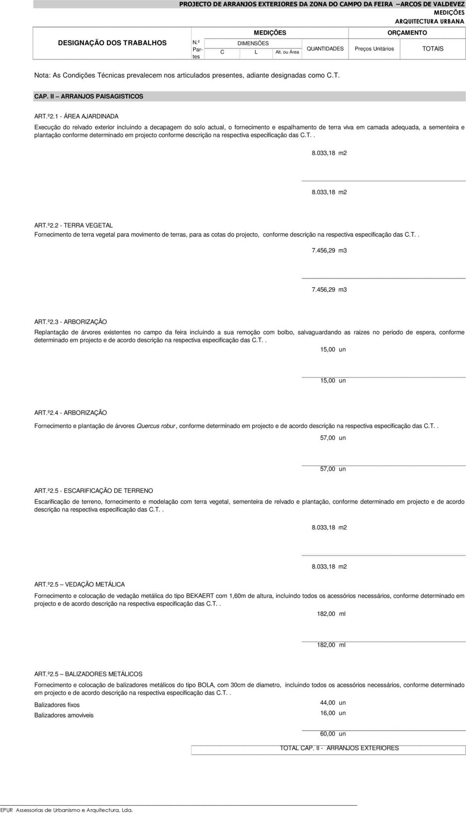projecto conforme descrição na respectiva especificação das C.T.. 1 8.033,18 8.033,18 m2 8.033,18 m2 ART.º2.