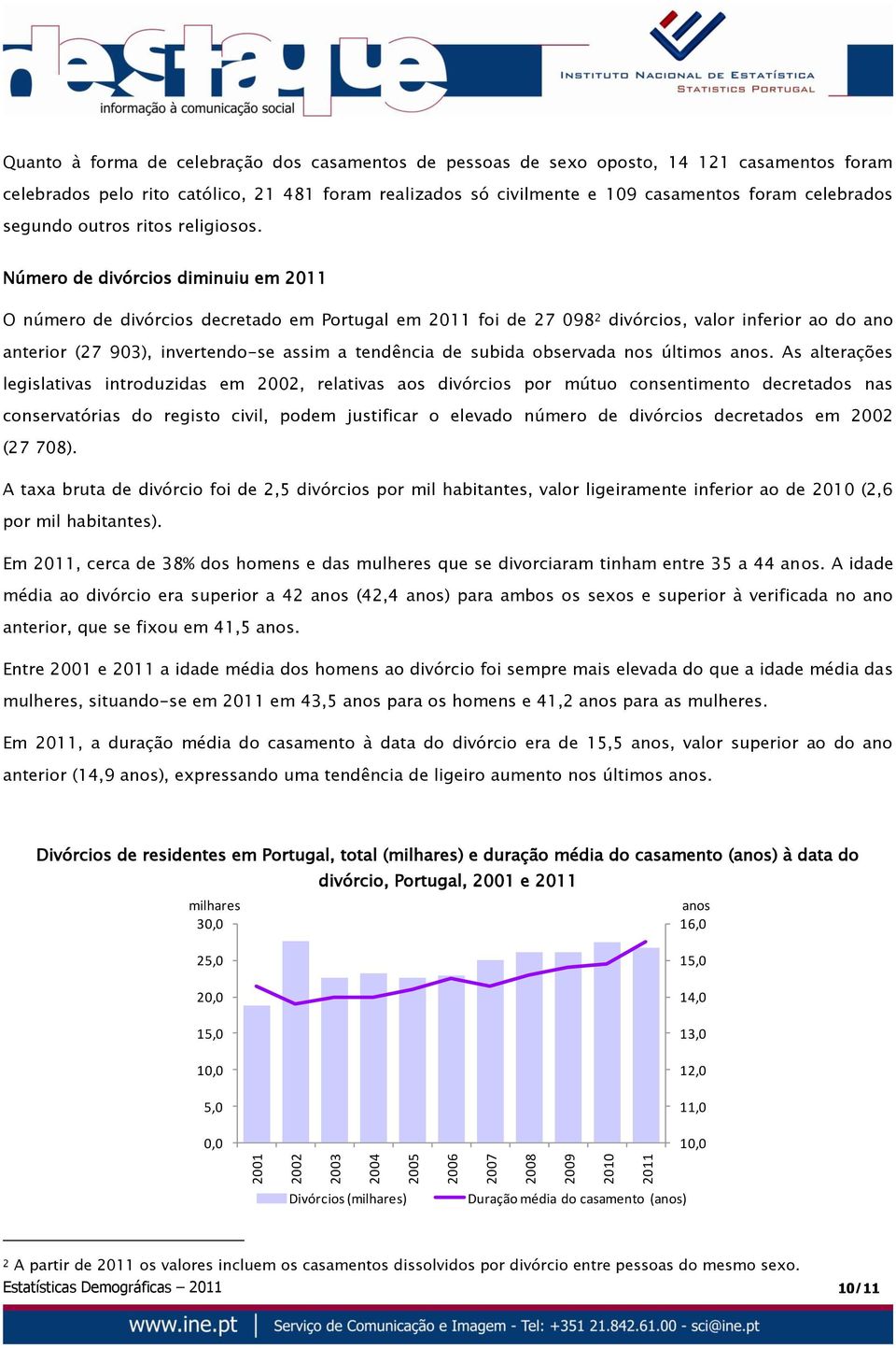 Número de divórcios diminuiu em O número de divórcios decretado em Portugal em foi de 27 098 2 divórcios, valor inferior ao do ano anterior (27 903), invertendo-se assim a tendência de subida