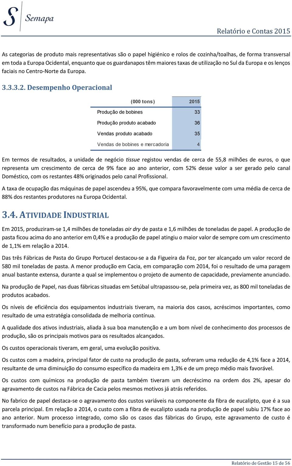 Desempenho Operacional (000 tons) 2015 Produção de bobines 33 Produção produto acabado 36 Vendas produto acabado 35 Vendas de bobines e mercadoria 4 Em termos de resultados, a unidade de negócio