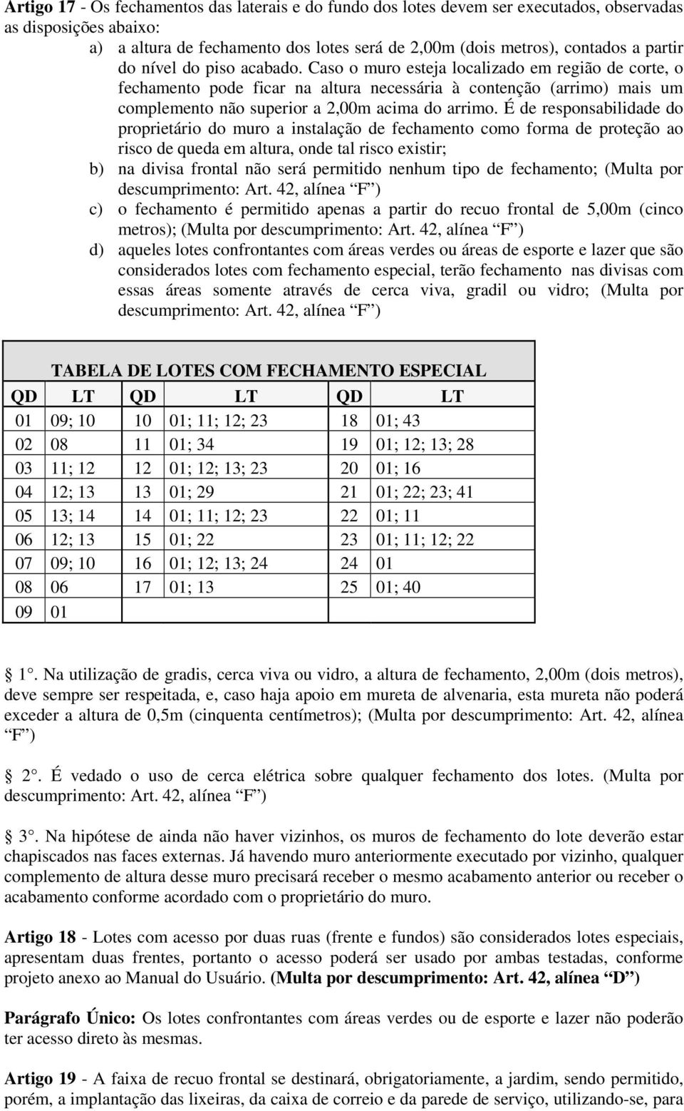 É de responsabilidade do proprietário do muro a instalação de fechamento como forma de proteção ao risco de queda em altura, onde tal risco existir; b) na divisa frontal não será permitido nenhum