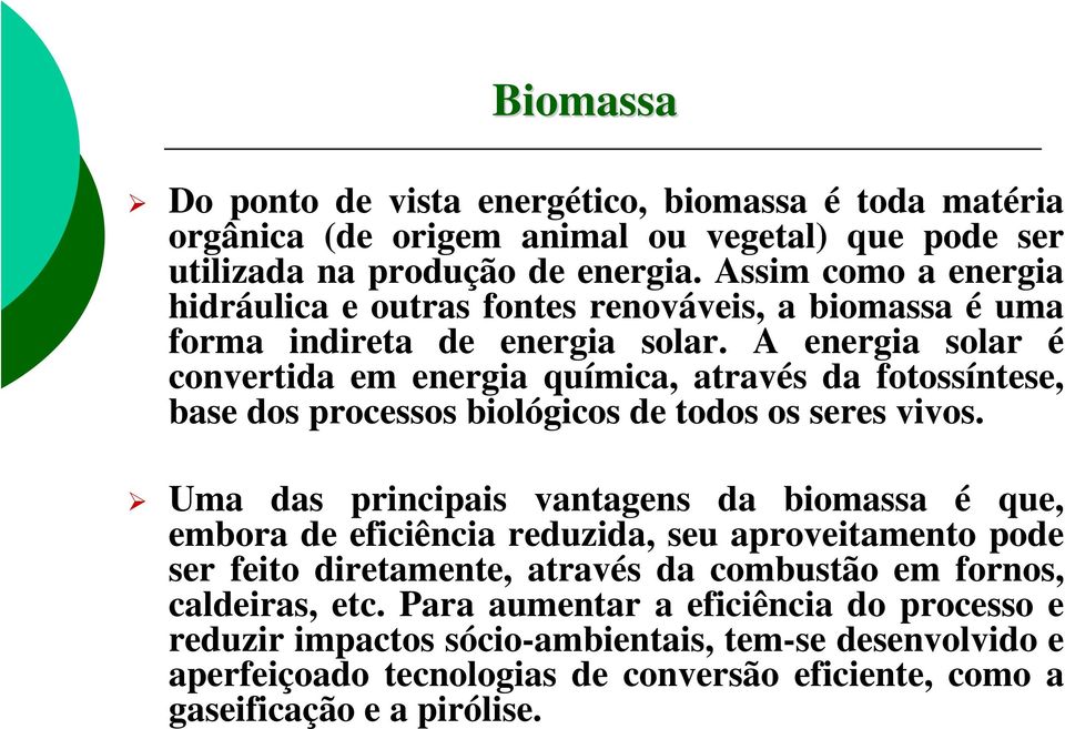 A energia solar é convertida em energia química, através da fotossíntese, base dos processos biológicos de todos os seres vivos.