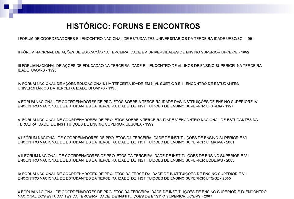 DE AÇÕES EDUCACIONAIS NA TERCEIRA IDADE EM NÍVL SUERIOR E III ENCONTRO DE ESTUDANTES UNIVERSITÁRIOS DA TERCEIRA IDADE UFSM/RS - 1995 V FÓRUM NACIONAL DE COORDENADORES DE PROJETOS SOBRE A TERCEIRA