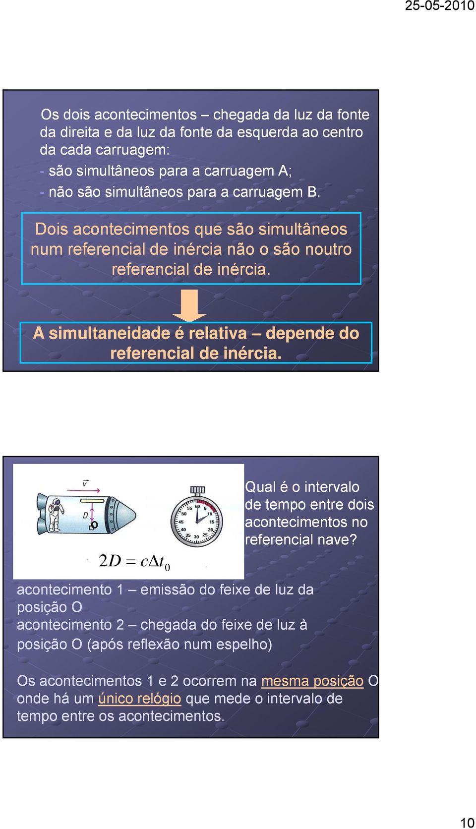 A simultaneidade é relativa depende do referencial de inércia. O 2D c t 0 Qual é o intervalo de tempo entre dois acontecimentos no referencial nave?