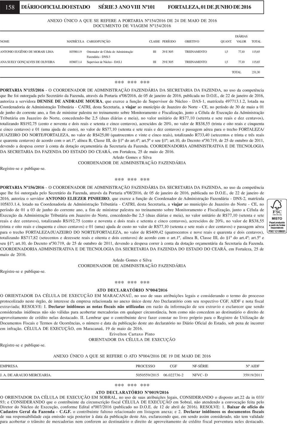 3580.1.9 Orientador de Célula de Administração III 29 E 30/5 TREINAMENTO 1,5 77,10 115,65 Fazendária - DNS-3 ANA SUELY GONÇALVES DE OLIVEIRA 103607.1.4 Supervisor de Núcleo - DAS.