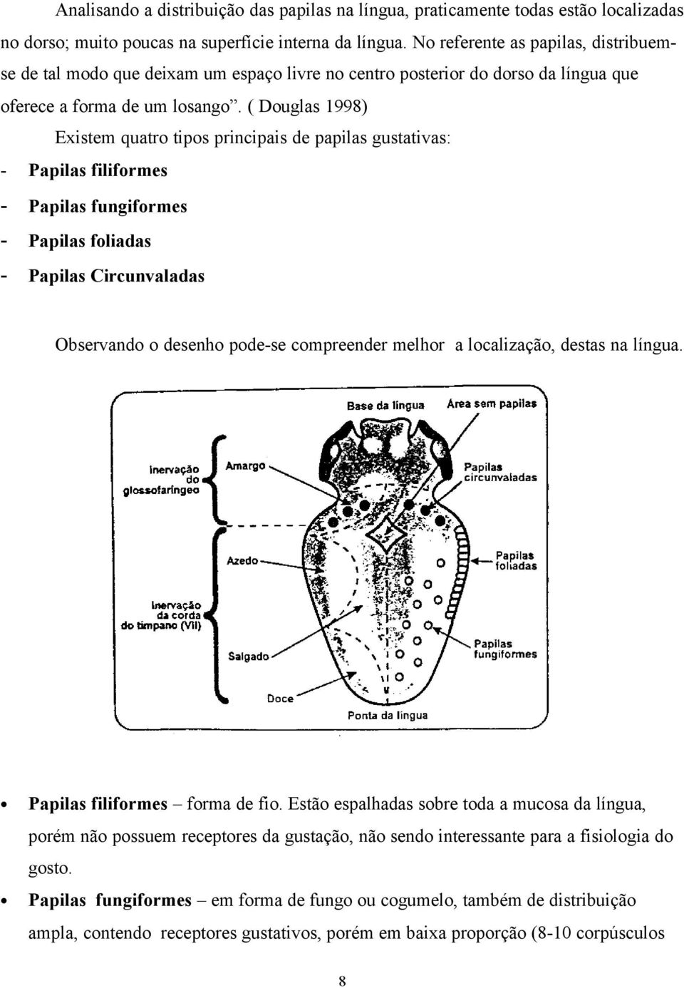 ( Douglas 1998) Existem quatro tipos principais de papilas gustativas: - Papilas filiformes - Papilas fungiformes - Papilas foliadas - Papilas Circunvaladas Observando o desenho pode-se compreender