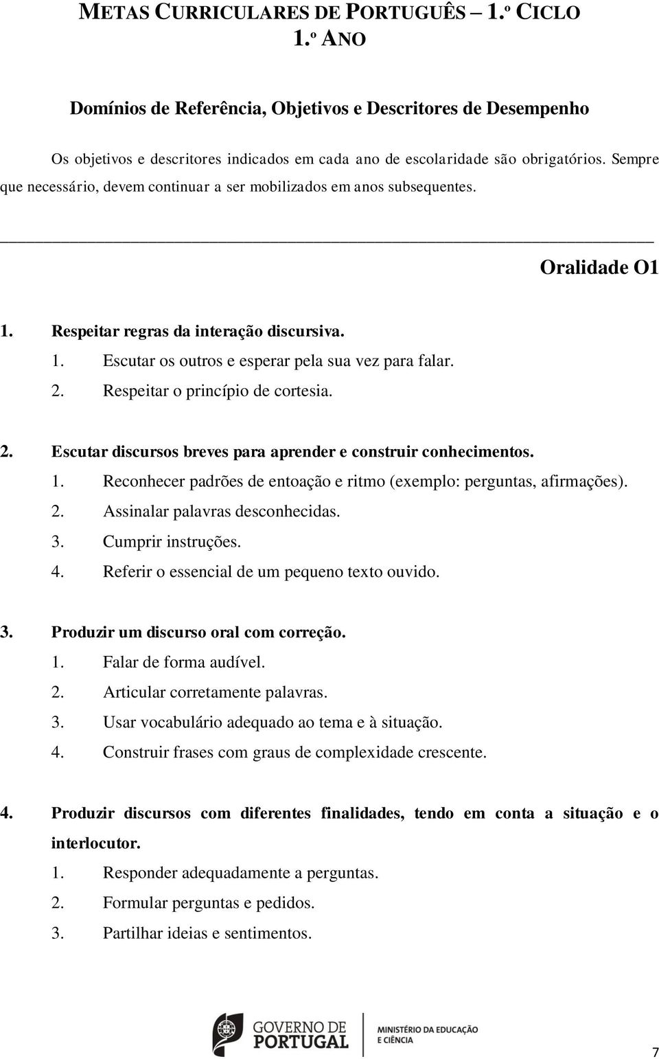 Respeitar o princípio de cortesia. 2. Escutar discursos breves para aprender e construir conhecimentos. 1. Reconhecer padrões de entoação e ritmo (exemplo: perguntas, afirmações). 2. Assinalar palavras desconhecidas.