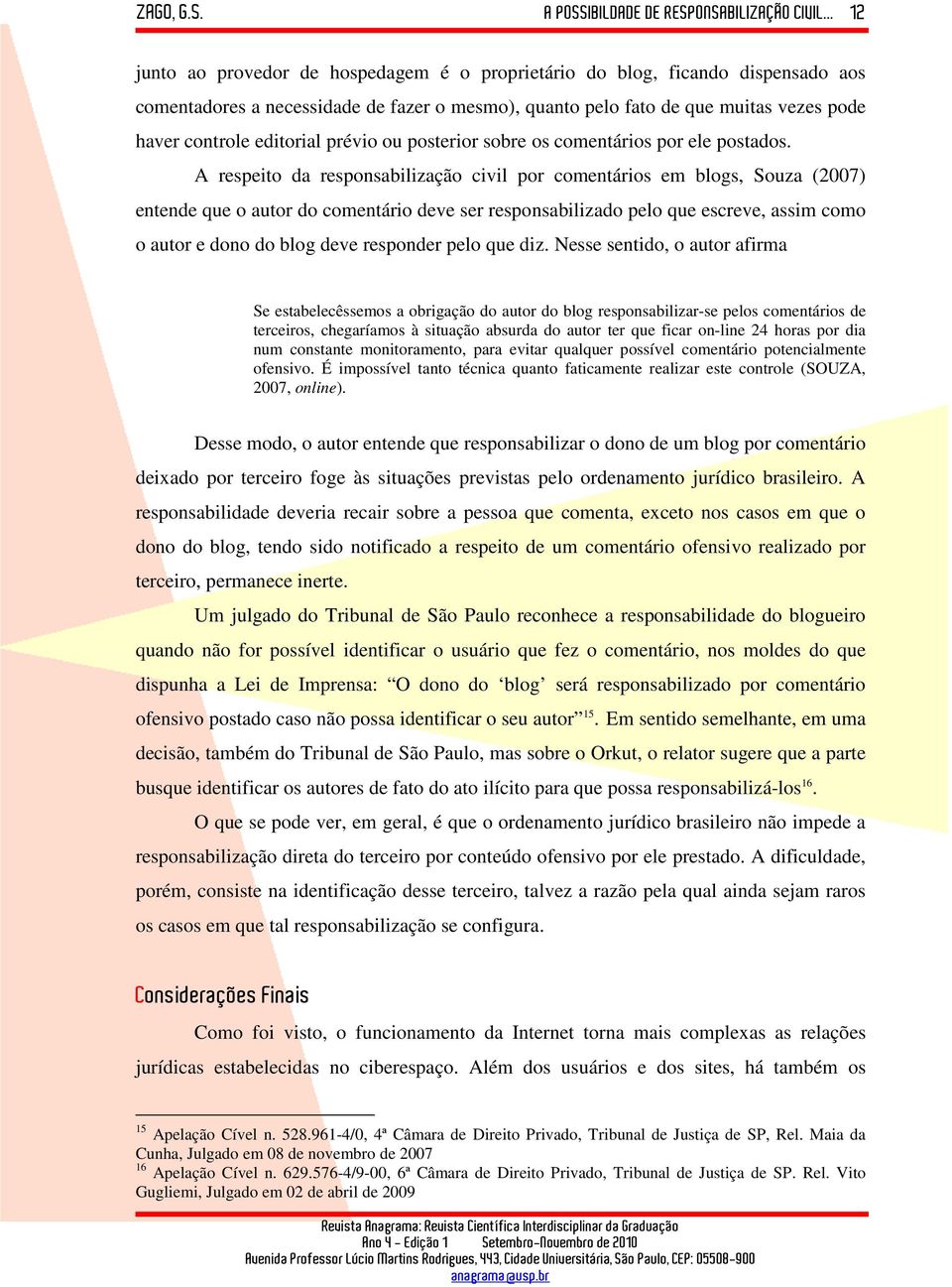 A respeito da responsabilização civil por comentários em blogs, Souza (2007) entende que o autor do comentário deve ser responsabilizado pelo que escreve, assim como o autor e dono do blog deve