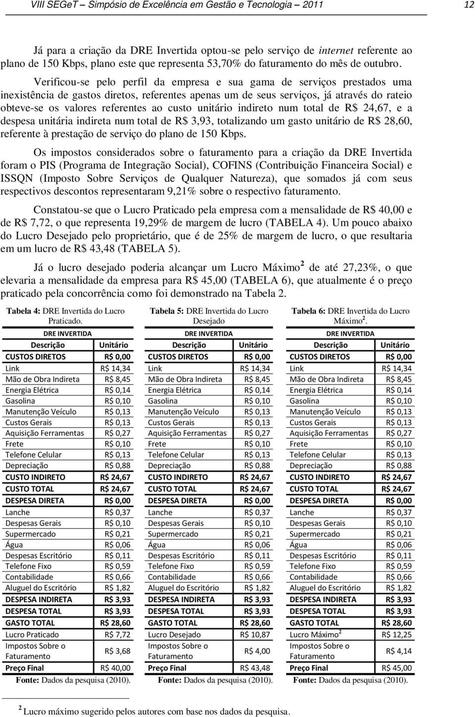 Verificou-se pelo perfil da empresa e sua gama de serviços prestados uma inexistência de gastos diretos, referentes apenas um de seus serviços, já através do rateio obteve-se os valores referentes ao