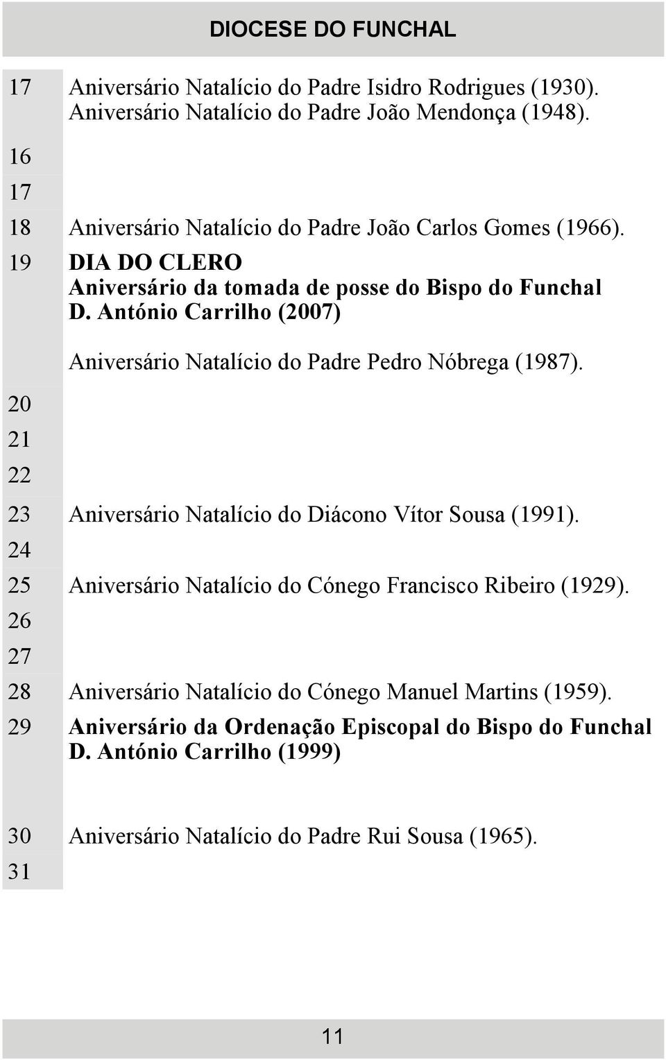 António Carrilho (2007) 20 21 22 Aniversário Natalício do Padre Pedro Nóbrega (1987). 23 Aniversário Natalício do Diácono Vítor Sousa (1991).