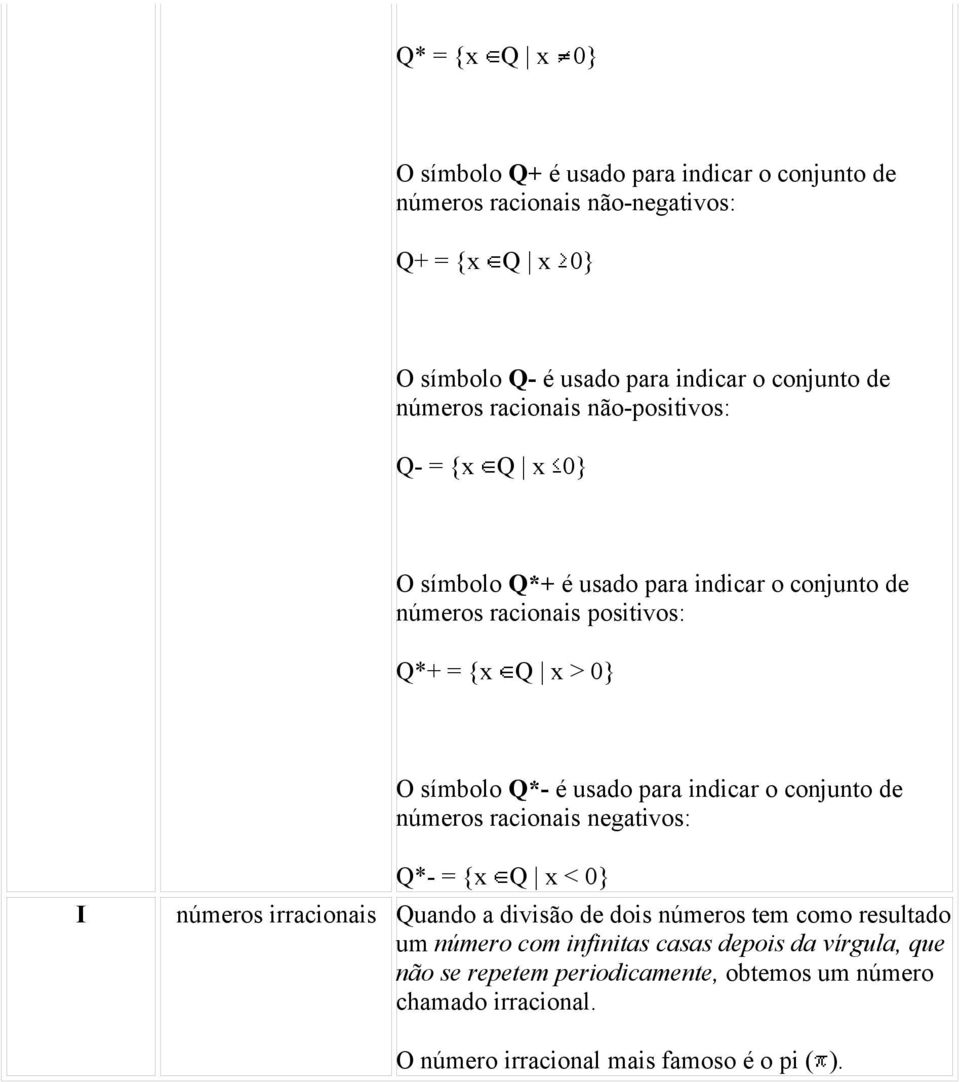 usado para indicar o conjunto de números racionais negativos: Q*- = {x Q x < 0} I números irracionais Quando a divisão de dois números tem como resultado um