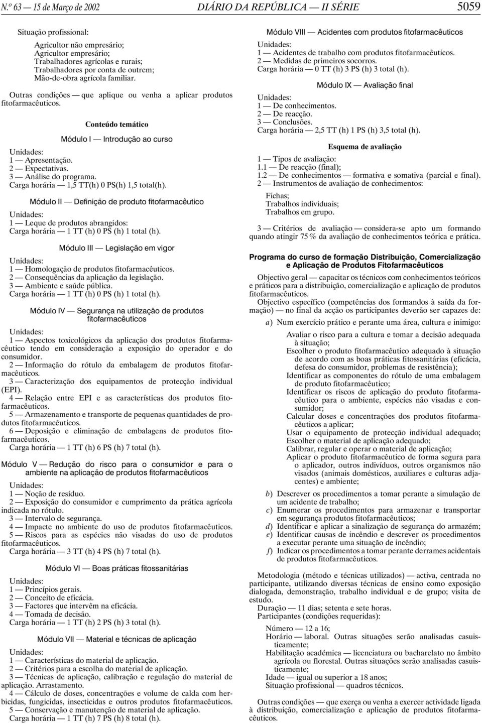 Carga horária 1,5 TT(h) 0 PS(h) 1,5 total(h). Módulo II Definição de produto fitofarmacêutico 1 Leque de produtos abrangidos: Carga horária 1 TT (h) 0 PS (h) 1 total (h).