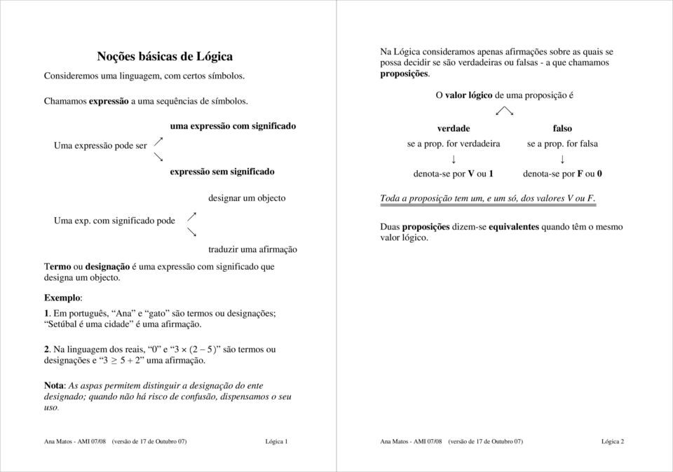 falsas - a que chamamos proposições. O valor lógico de uma proposição é verdade se a prop. for verdadeira falso se a prop.