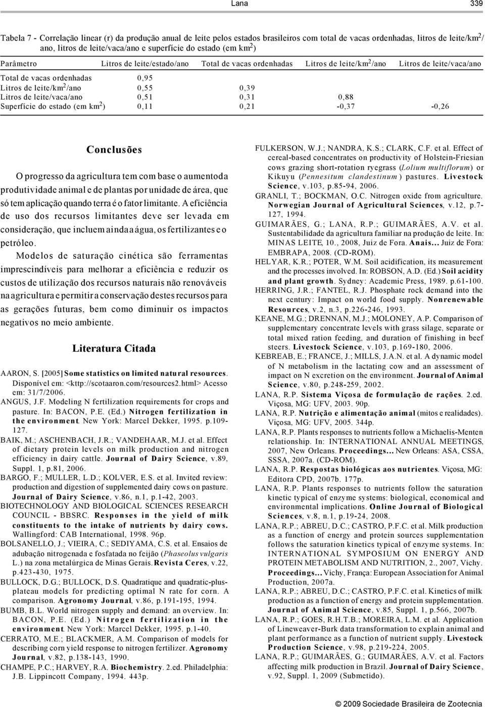 de leite/vaca/ano,51,31,88 Superfície do estado (em km 2 ),11,21 -,37 -,26 Conclusões O progresso da agricultura tem com base o aumento da produtividade animal e de plantas por unidade de área, que