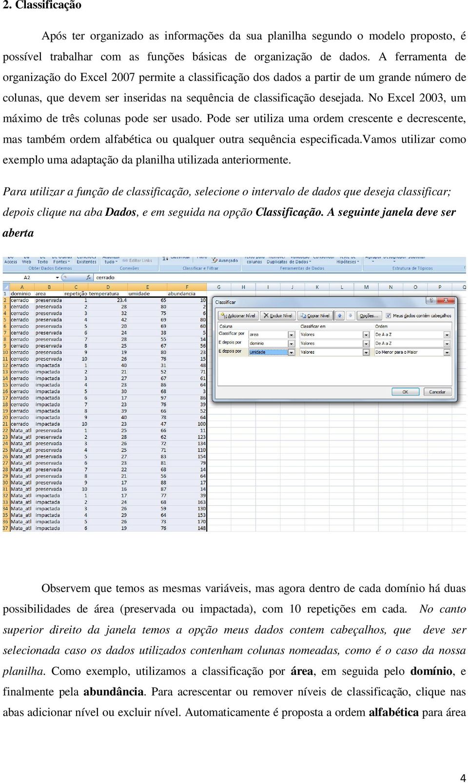 No Excel 2003, um máximo de três colunas pode ser usado. Pode ser utiliza uma ordem crescente e decrescente, mas também ordem alfabética ou qualquer outra sequência especificada.