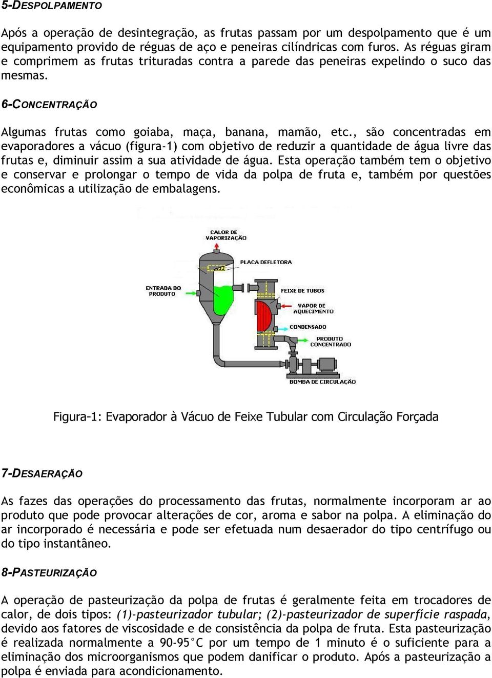 , são concentradas em evaporadores a vácuo (figura-1) com objetivo de reduzir a quantidade de água livre das frutas e, diminuir assim a sua atividade de água.