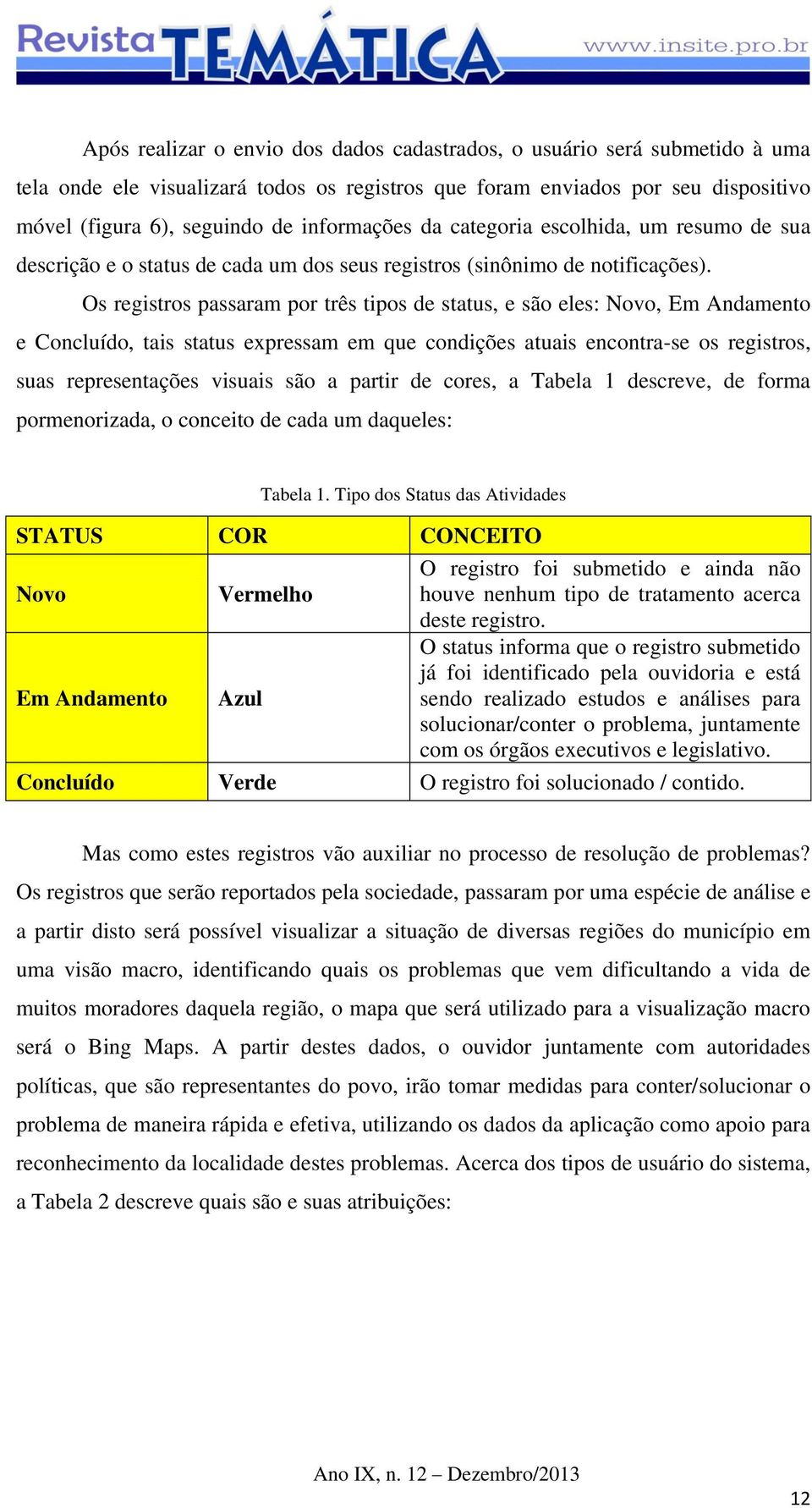 Os registros passaram por três tipos de status, e são eles: Novo, Em Andamento e Concluído, tais status expressam em que condições atuais encontra-se os registros, suas representações visuais são a