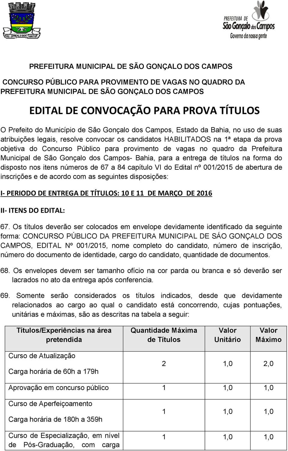 provimento de vagas no quadro da Prefeitura Municipal de São Gonçalo dos Campos- Bahia, para a entrega de títulos na forma do disposto nos itens números de 67 a 84 capítulo VI do Edital nº 001/2015