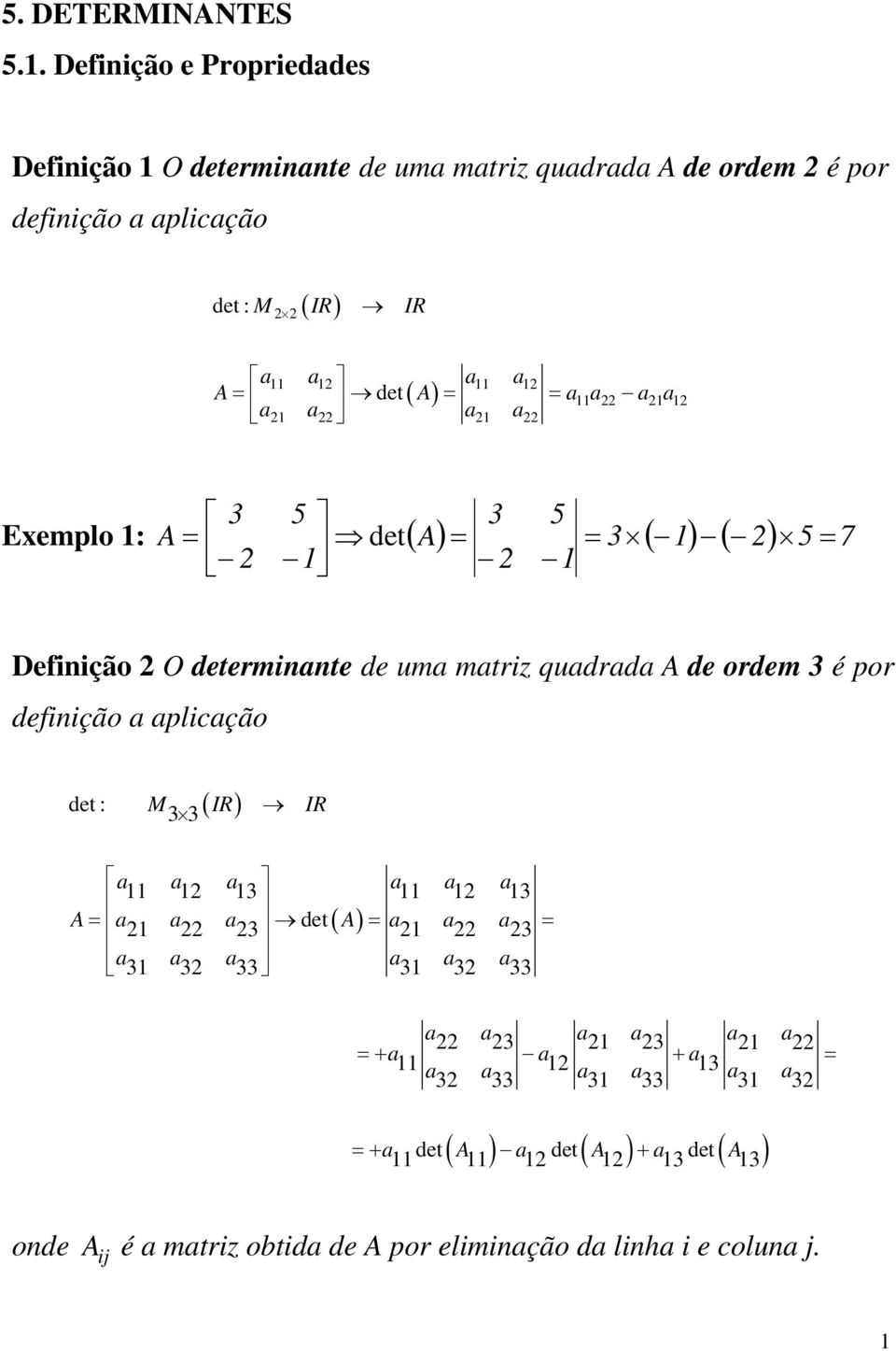 Definição O erminnte de um mtriz qudrd A de ordem é por definição plicção : ( ) M IR