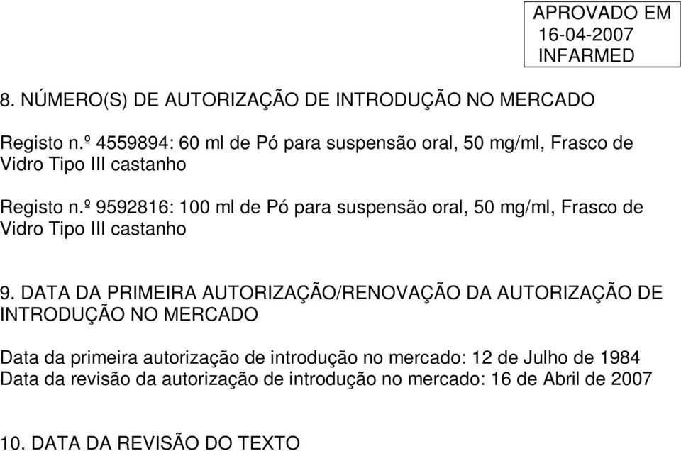 º 9592816: 100 ml de Pó para suspensão oral, 50 mg/ml, Frasco de Vidro Tipo III castanho 9.
