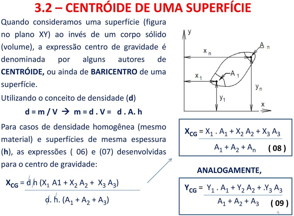 h Para casos de densidade homogênea (mesmo material) e superfícies de mesma espessura (h), as expressões ( 06) e (07) desenvolvidas para o centro de gravidade: X CG =