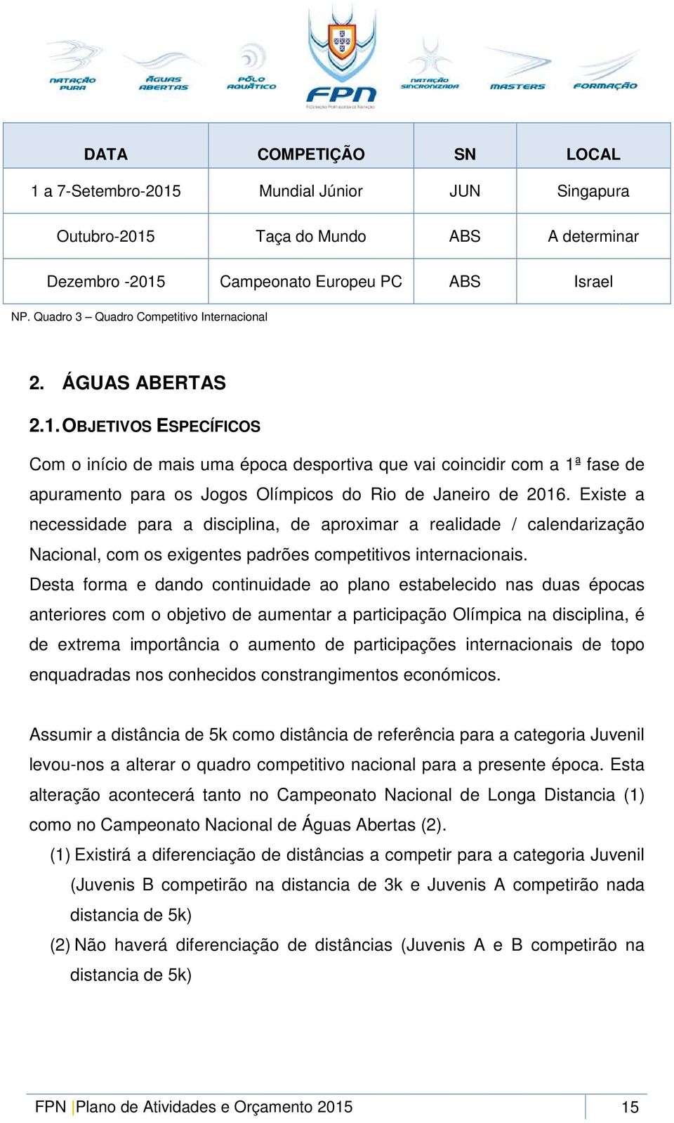 OBJETIVOS ESPECÍFICOS Com o início de mais uma época desportiva que vai coincidir com a 1ª fase de apuramento para os Jogos Olímpicos do Rio de Janeiro de 2016.