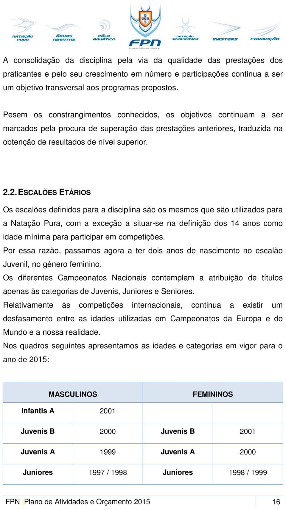 2. ESCALÕES ETÁRIOS Os escalões definidos para a disciplina são os mesmos que são utilizados para a Natação Pura, com a exceção a situar-se na definição dos 14 anos como idade mínima para participar