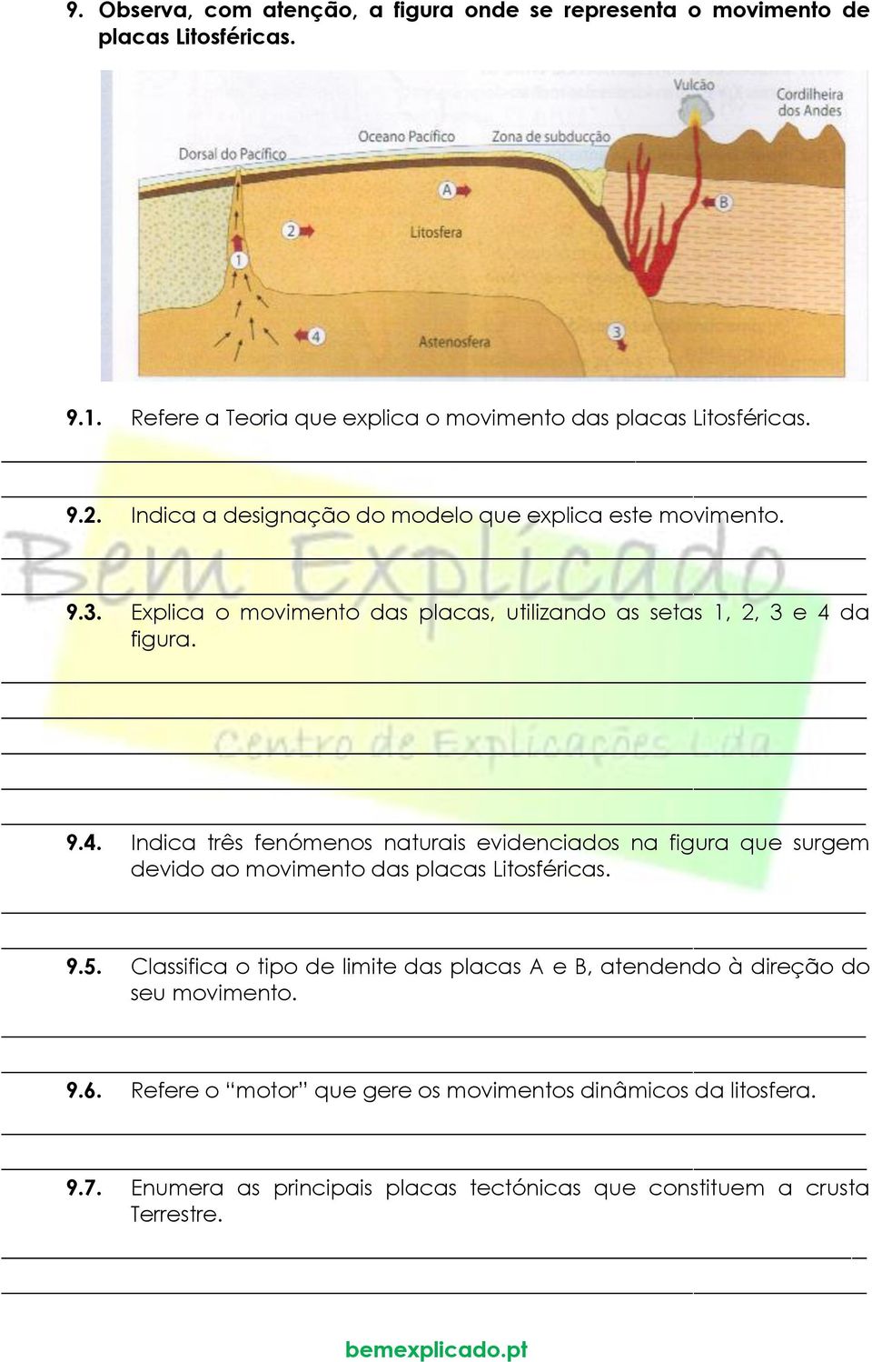 da figura. 9.4. Indica três fenómenos naturais evidenciados na figura que surgem devido ao movimento das placas Litosféricas. 9.5.