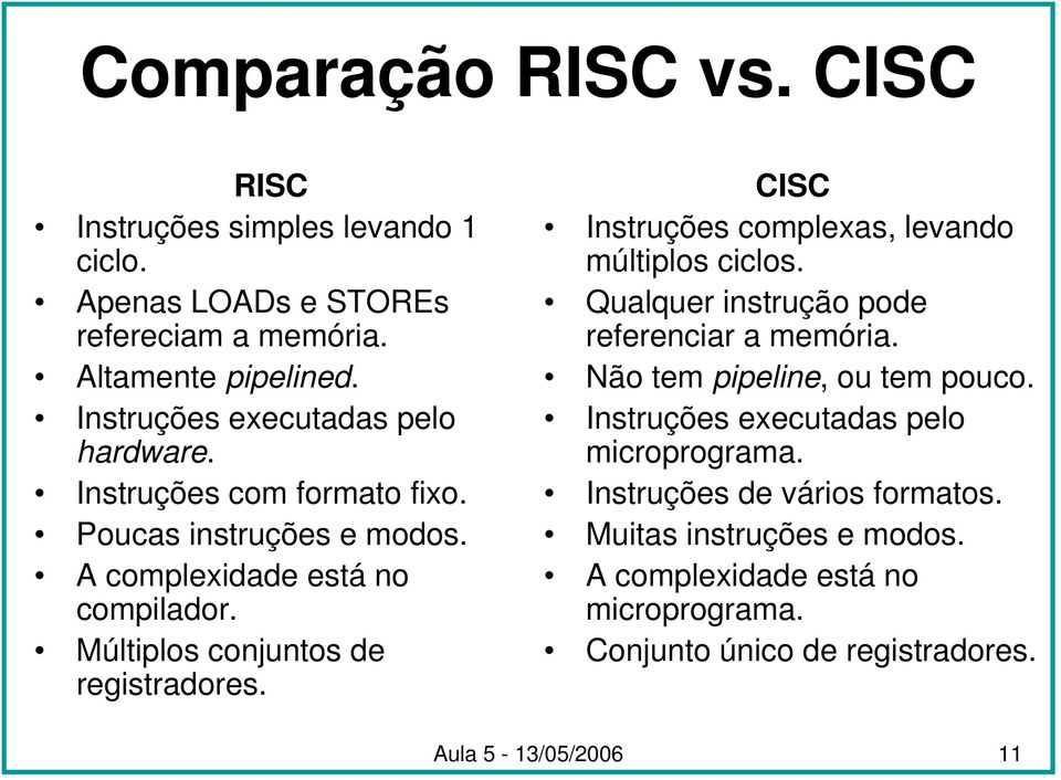 Múltiplos conjuntos de registradores. CISC Instruções complexas, levando múltiplos ciclos. Qualquer instrução pode referenciar a memória.