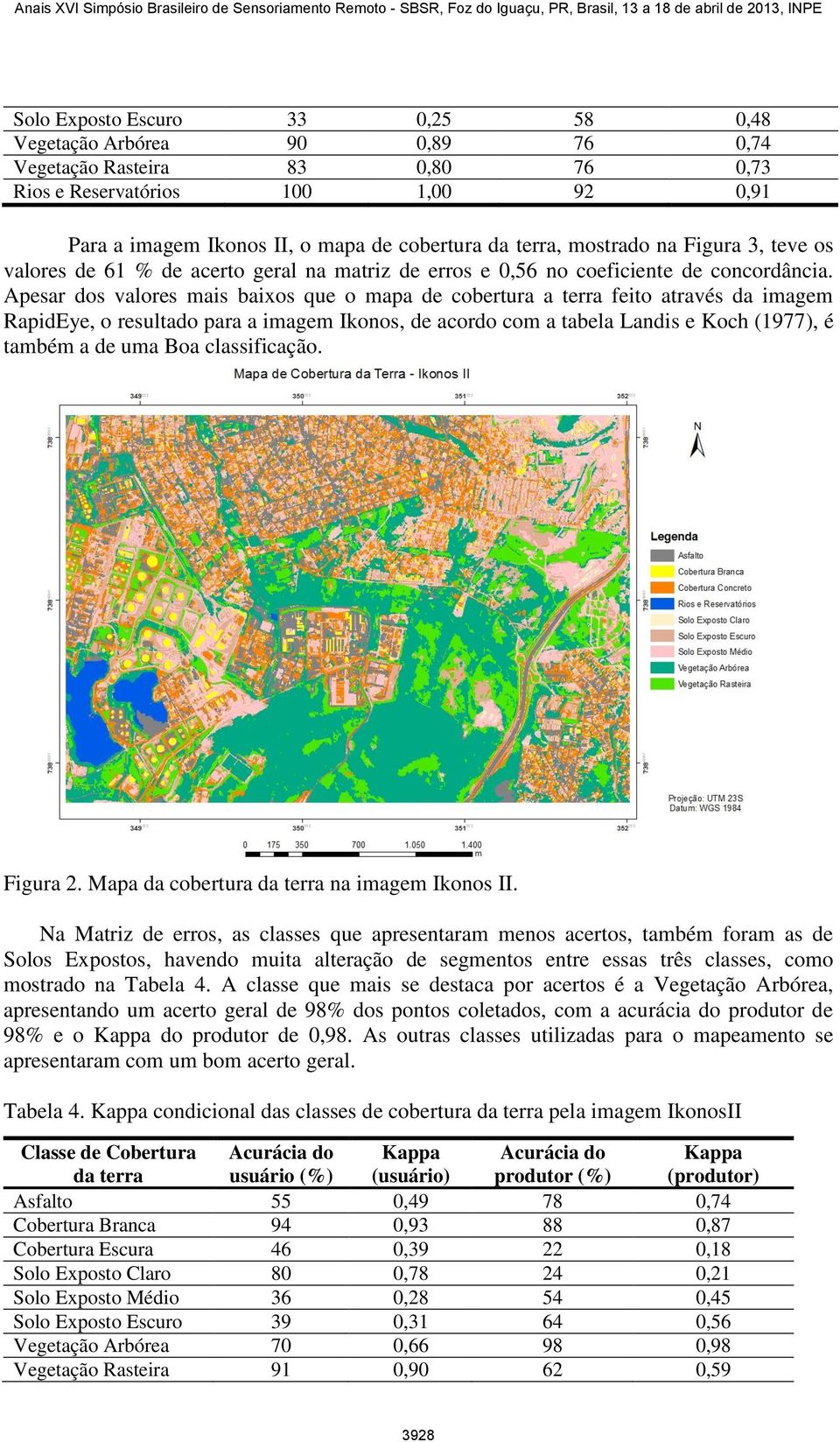 Apesar dos valores mais baixos que o mapa de cobertura a terra feito através da imagem RapidEye, o resultado para a imagem Ikonos, de acordo com a tabela Landis e Koch (1977), é também a de uma Boa